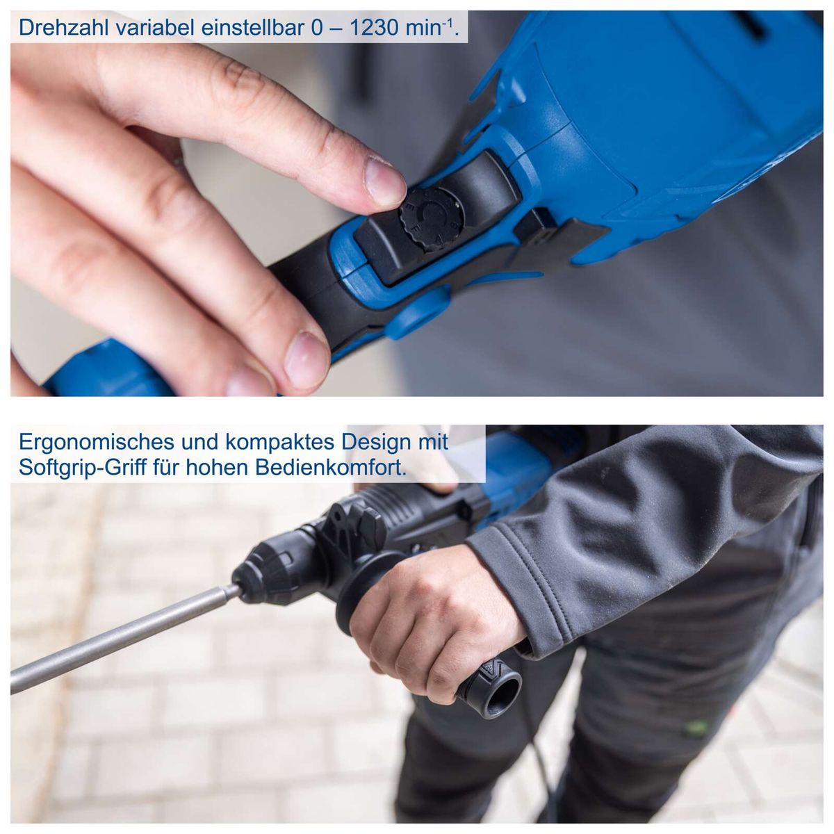 Ergonomisches Bohrhammer-Modell mit variabler Drehzahl von 0 bis 1230 min⁻¹ und Softgrip-Griff für komfortables Halten.