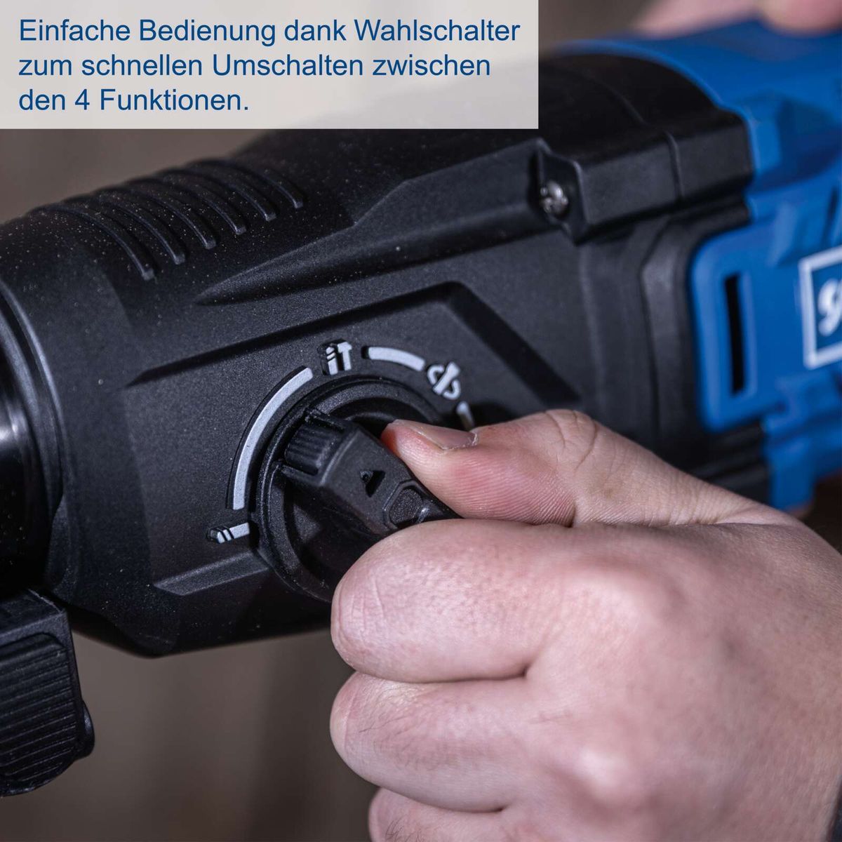 Scheppach Akku-Bohrhammer mit Schnellwechsel-Drehschlüssel und Schaltknopf für 4 Funktionen