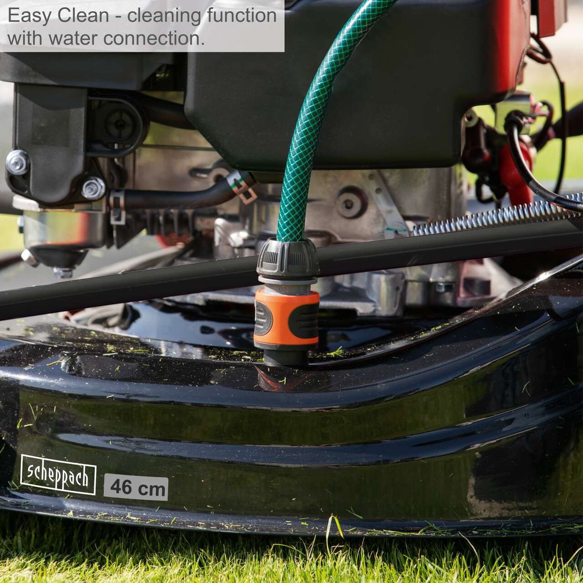 The Scheppach petrol lawnmower MS161-46 features an easy clean function with water connection. It has a 46cm cutting width, self-propelled drive, mulching function, and a 55L collection bag.