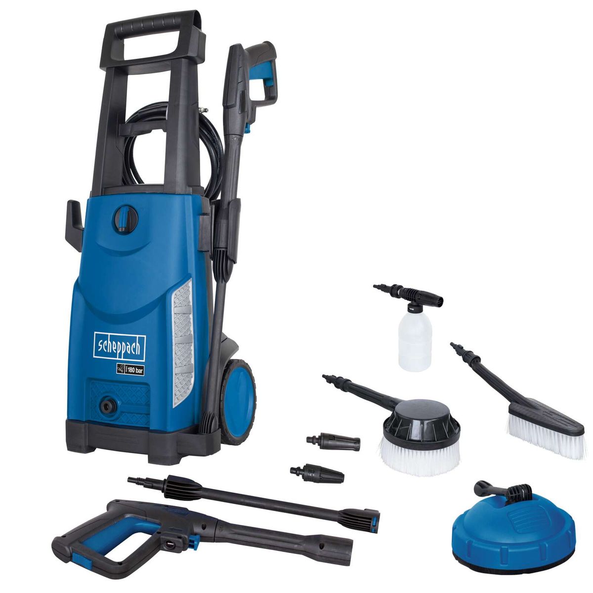 Der Scheppach Hochdruckreiniger HCE2400 mit 180 bar Druck. Inklusive verschiedener Düsen und Aufsätze für vielfältige Reinigungsaufgaben. Mit integriertem Griff und Rädern für einfache Handhabung.