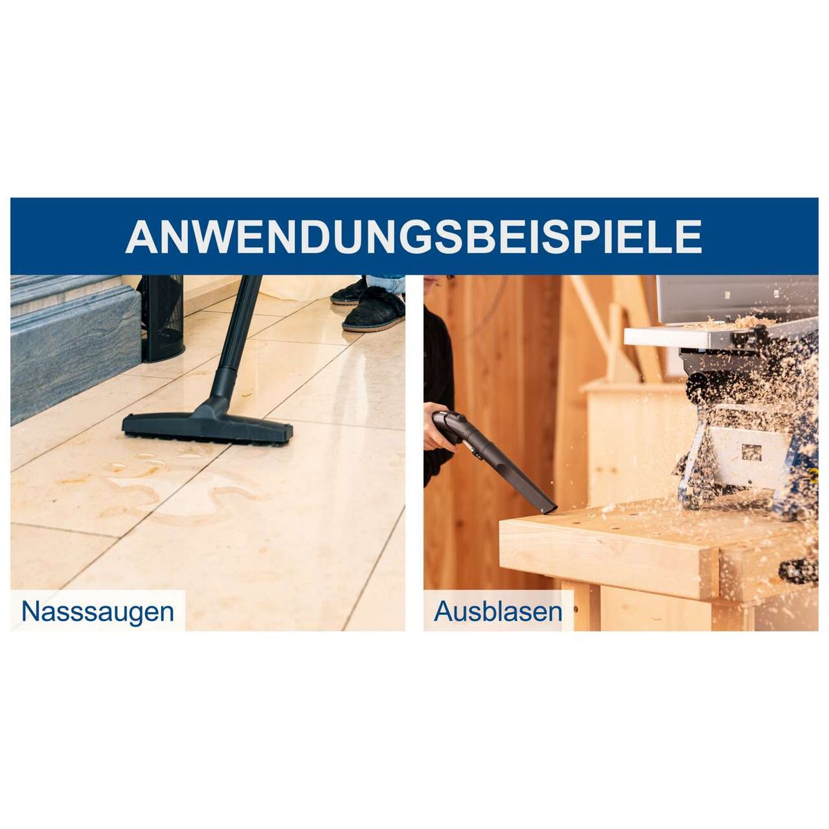 Der Scheppach SprayVac20 kann zum Nasssaugen und Ausblasen verwendet werden. Er eignet sich ideal für die Reinigung von Böden und das Entfernen von Holzspänen.
