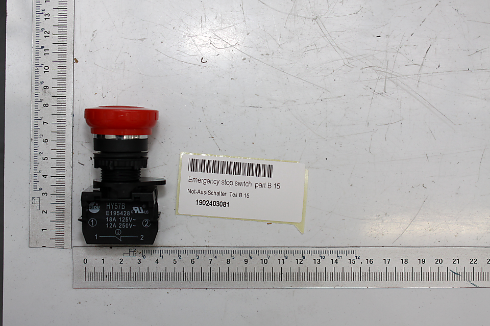 Not-Aus-Schalter, Teil B 15, Artikelnummer 1902403081. Der Schalter wird von der Seite gezeigt.