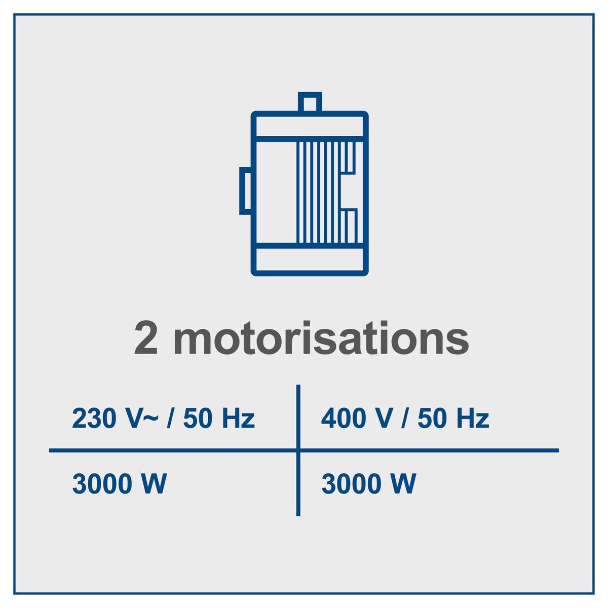 Rocking log saw HS550 with two motorization options: 230 V~ / 50 Hz or 400 V / 50 Hz, each with 3000 W power.