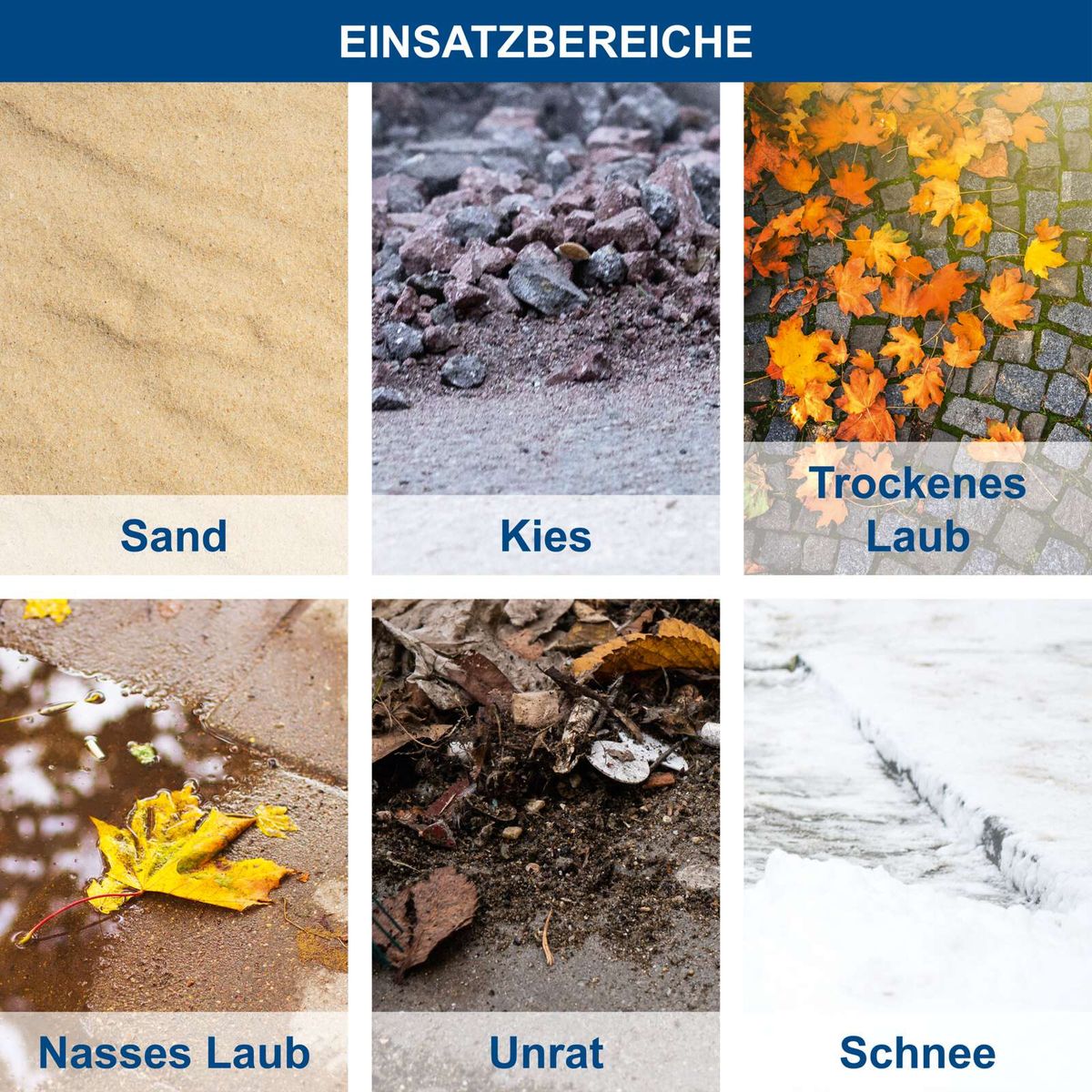 Beschreibung der Einsatzbereiche für Sand, Kies, trockenes Laub, nasses Laub, Unrat und Schnee für Bodenbearbeitungstools