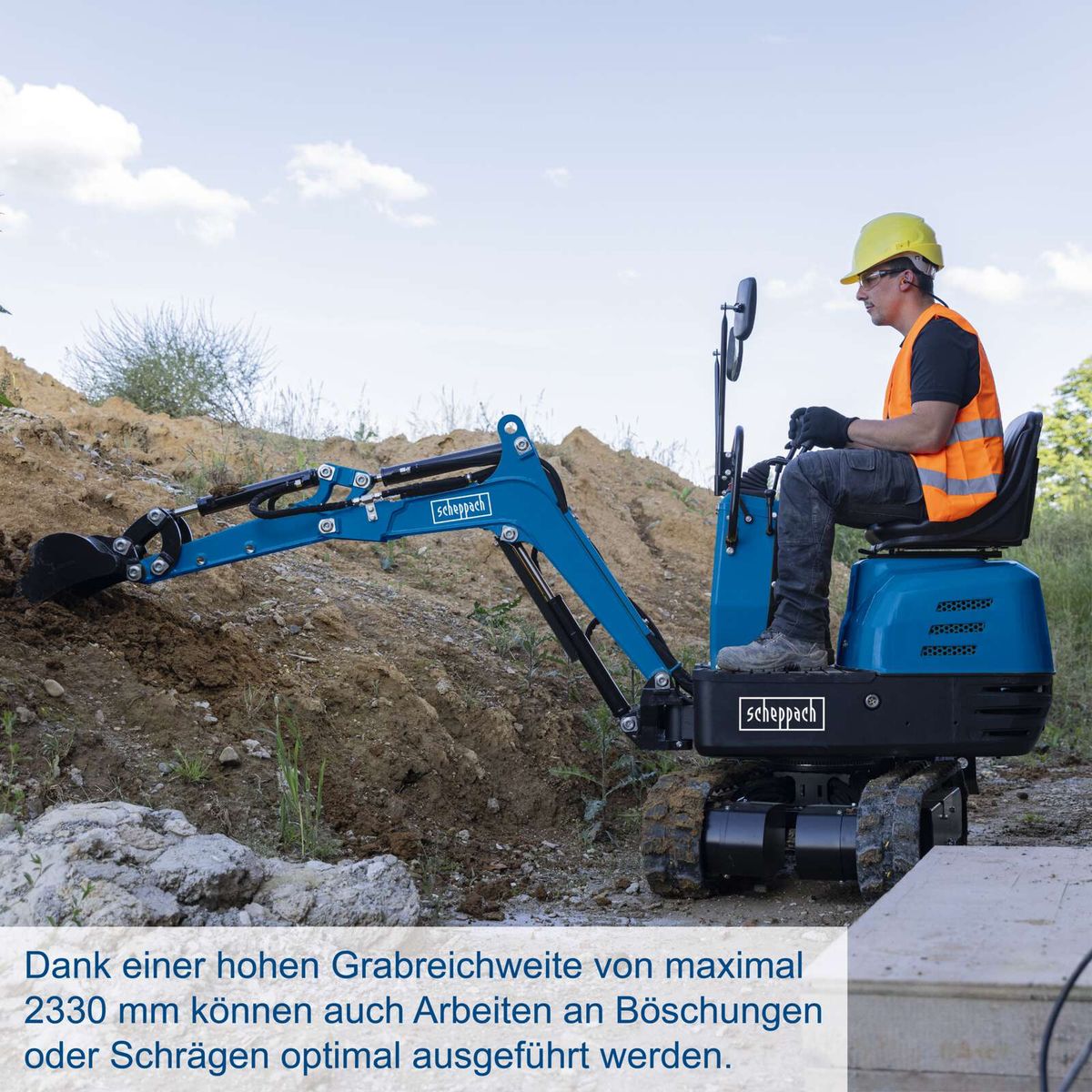 Mini-Bagger mit maximaler Grabtiefe von 2330 mm für Arbeiten auf Neigungsflächen optimiert