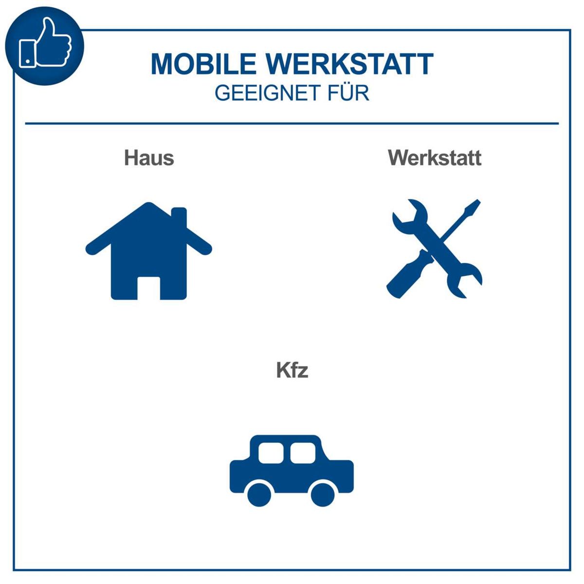 Mobile Werkstatt geeignet für Haus, Kfz und Werkstatt. Mit gepolstertem Sitz und zwei Schubladen. Höhe 500mm.