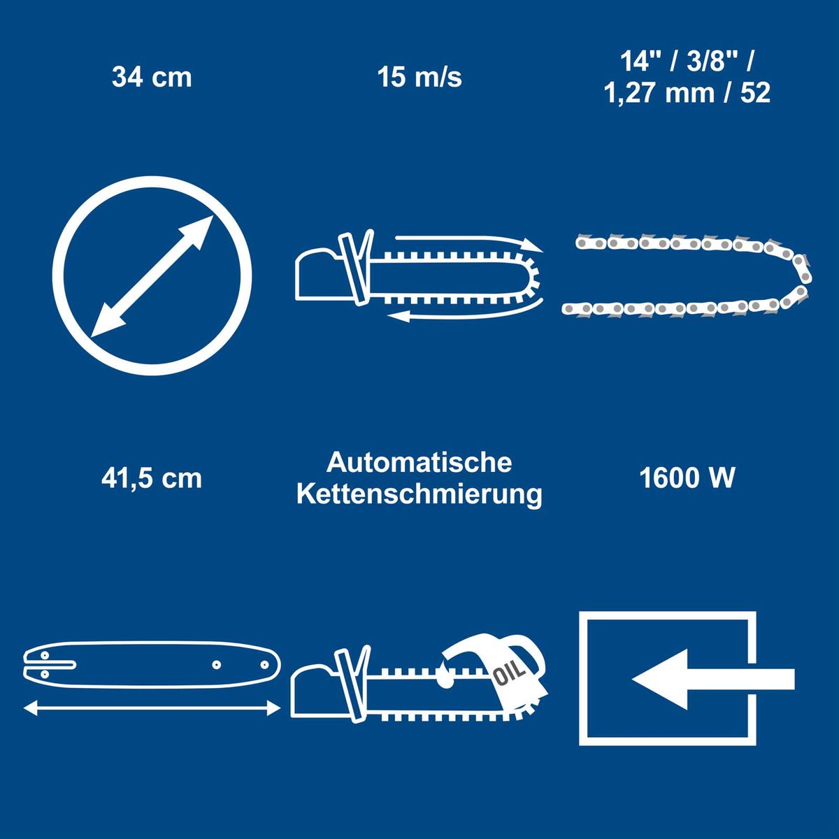 Technische Datenblatt für Elektro-Kettensäge mit automatischer Ketten Schmierung, 1600 W, 15 m/s, Kettenlänge 34 cm und 41,5 cm
