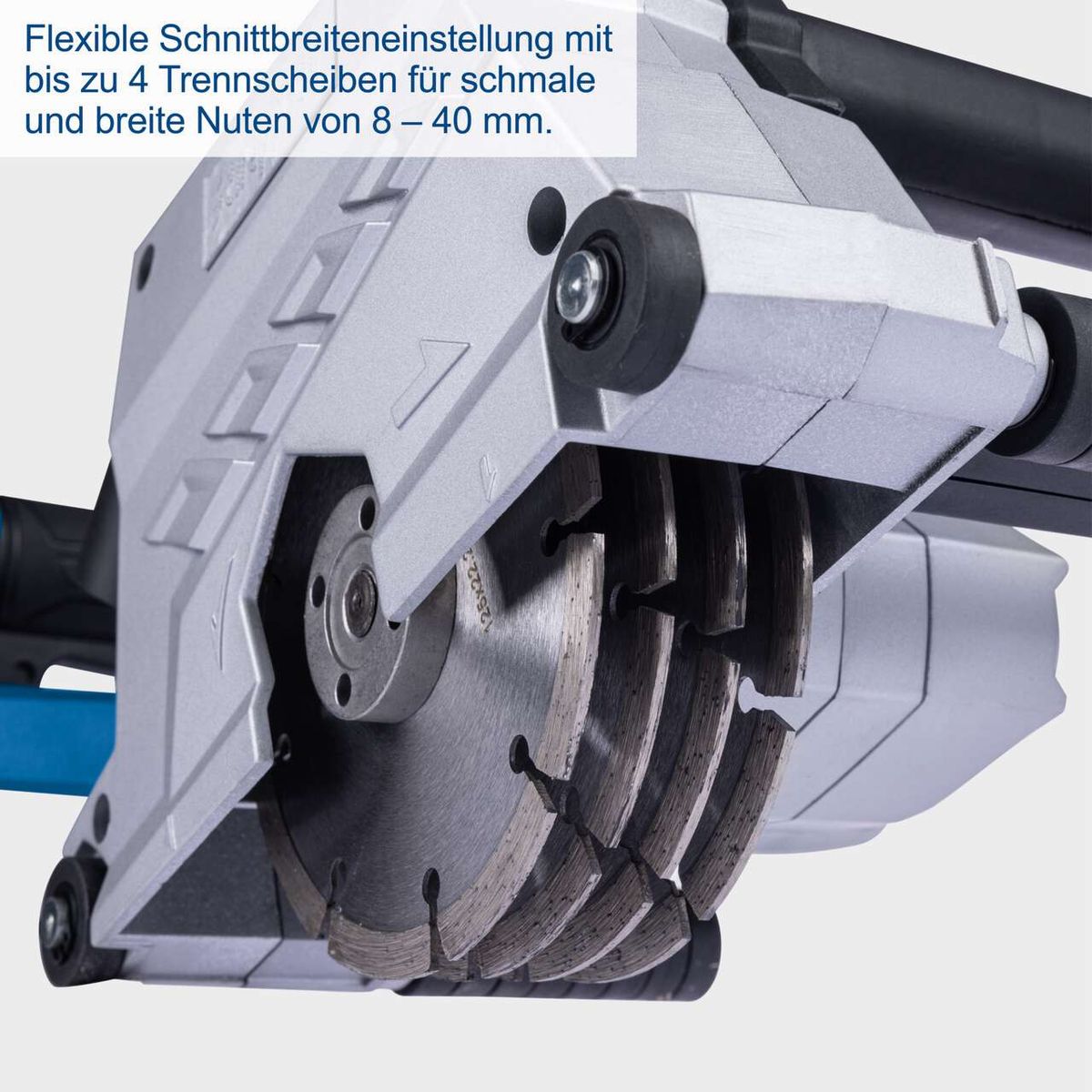Flexible Schnittbreiteneinstellung mit bis zu 4 Trennscheiben für schmale und breite Nuten von 8 – 40 mm.