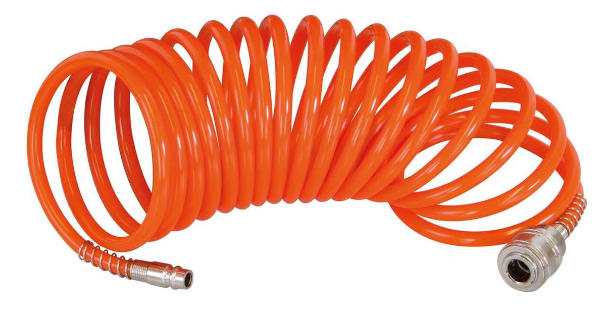 Spiralschlauch mit Schnellkupplung, Ansicht von der Seite.