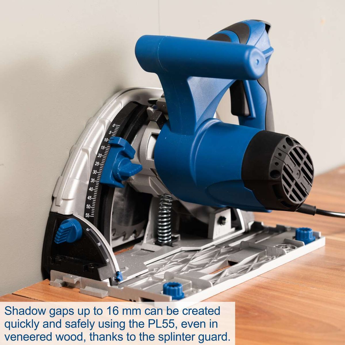 Scheppach PL55 plunge saw with 16 mm gap capability and splinter guard for veneered wood