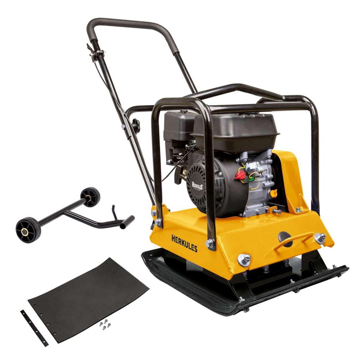 Rüttelplatte HP1800S von Scheppach mit Fahrwerk und Gummimatte. Inklusive Ersatzplatte und Befestigungsschrauben. Leistung: 6.5PS, Gewicht: 84kg, Kraft: 23000N.