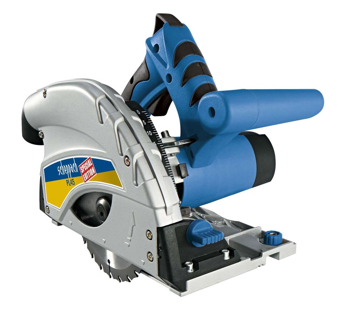 Tauchsäge PL45 von Scheppach Special Edition, ohne Schiene, von der Seite gezeigt.