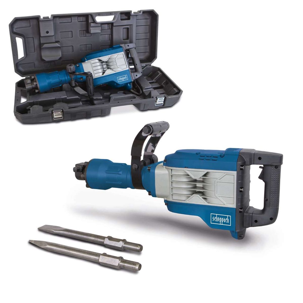 Scheppach AB1900 demolition hammer with anti-vibration handle and tool set including SDS-Max bits