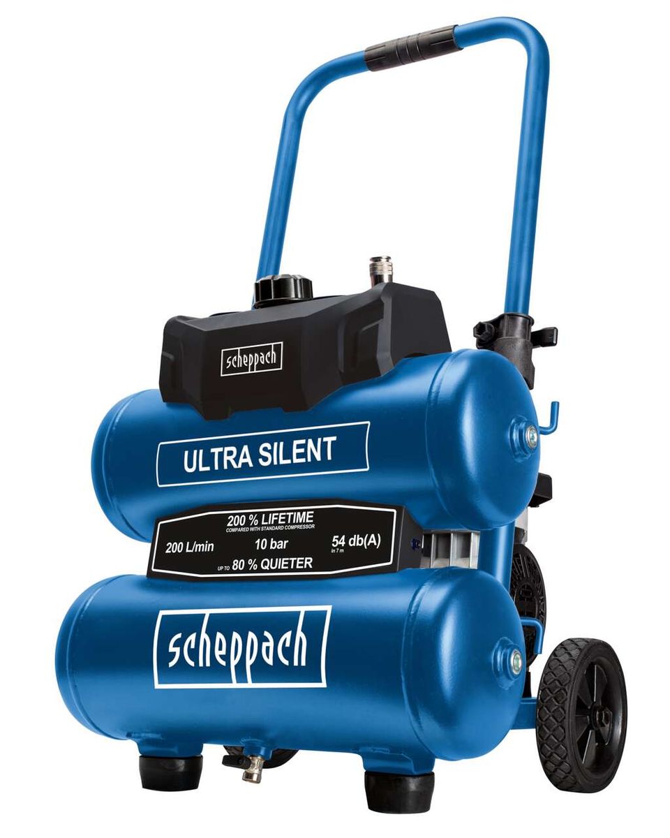 Scheppach Ultra-Silent Kompressor, 200 l/min, 10 bar, 54 dB(A), seitliche Ansicht.