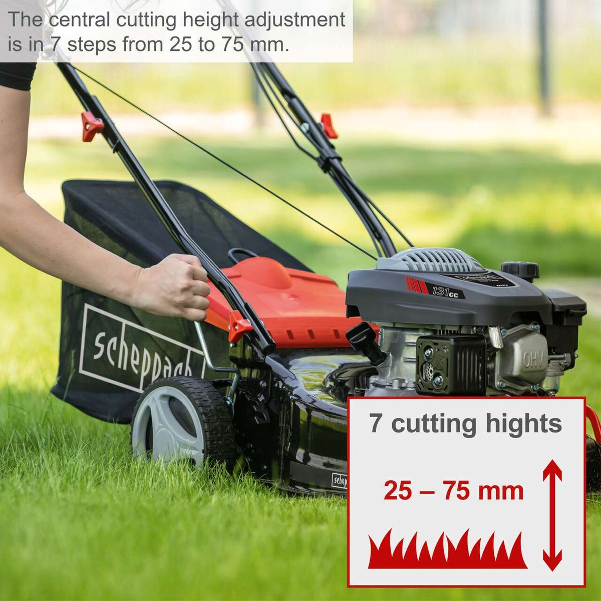 The Scheppach petrol lawn mower MS132-42 features a central cutting height adjustment in 7 steps from 25 to 75 mm.