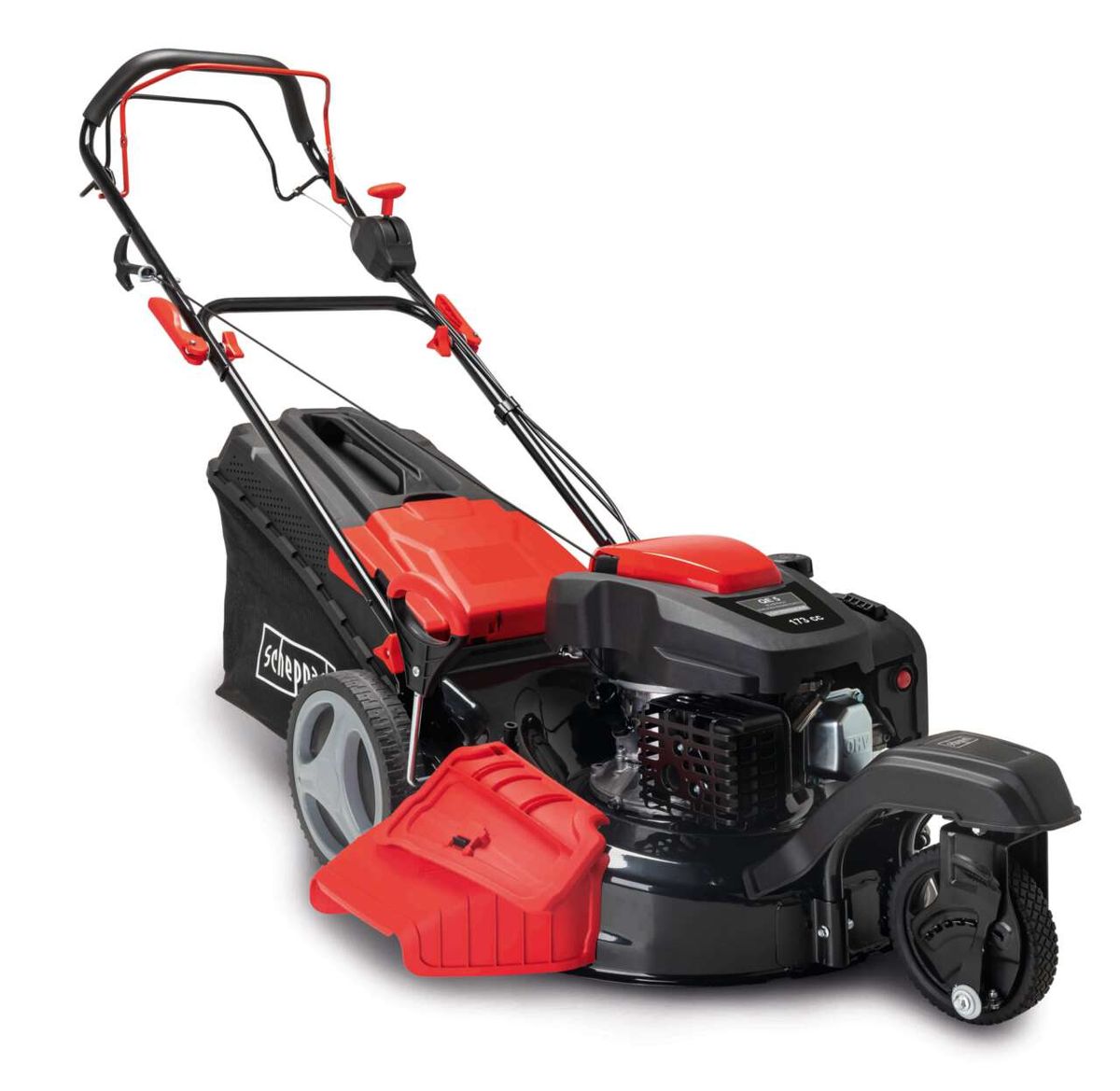 Benzin-Rasenmäher MS197-51-3W von Scheppach, seitlich von links gezeigt.