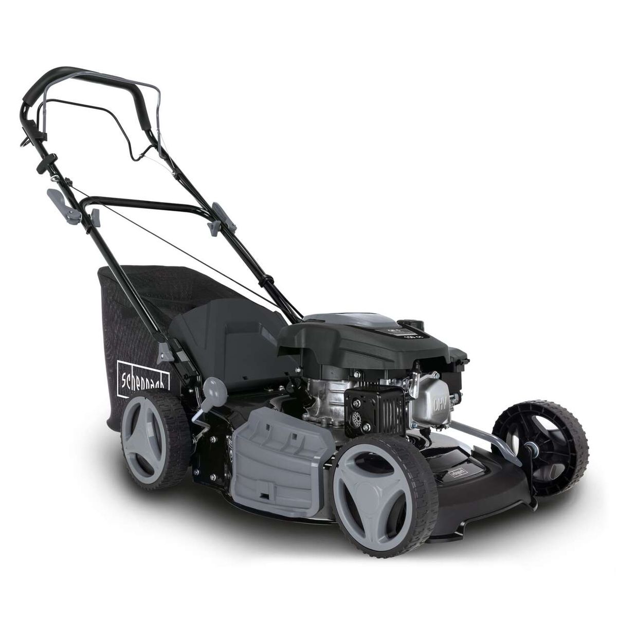 Der Scheppach Benzin-Rasenmäher LMT 161-46 mit 46 cm Arbeitsbreite und 161 cm³ Motor. Ausgestattet mit 4 Rädern, einem schwarzen Sitz und einem schwarzen Griff. Der Rasenmäher ist von der Seite gezeigt.