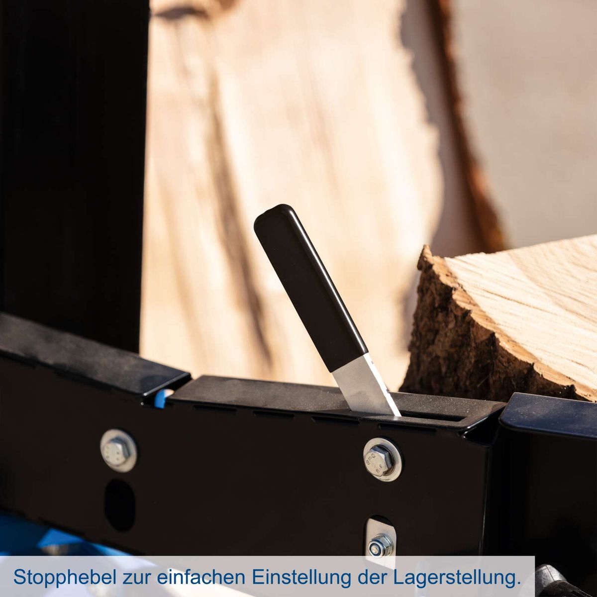 Stophebelsystem für einfache Einstellung der Lagerstellung auf dem Scheppach-Holzspalter