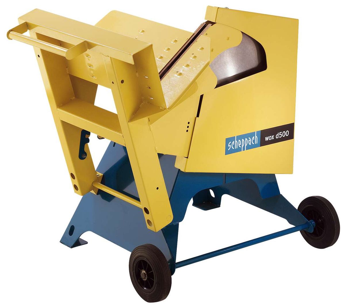 Wippsäge wox d500 von Scheppach, seitliche Ansicht. Die Säge steht auf einem blauen Wagen mit Rädern. Das Gehäuse ist gelb und trägt den Aufdruck 'Scheppach wox d500'.