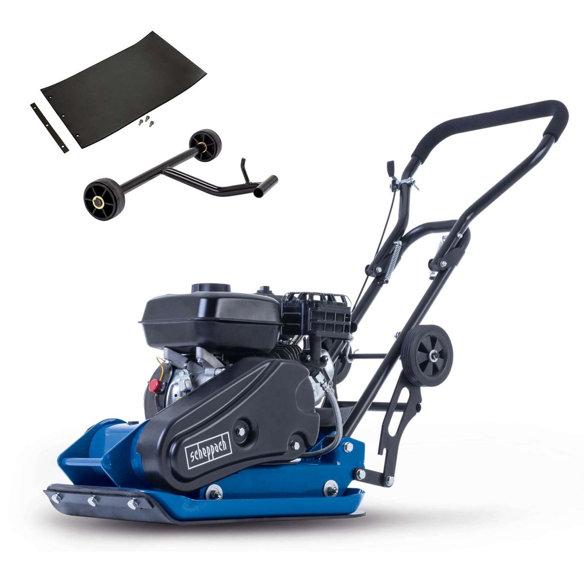 Rüttelplatte HP2300S von Scheppach mit 13 kN Verdichtungskraft, 5,6 PS Motor und 82 kg Gewicht. Inklusive Fahrvorrichtung und Gummimatte für verschiedene Untergründe.