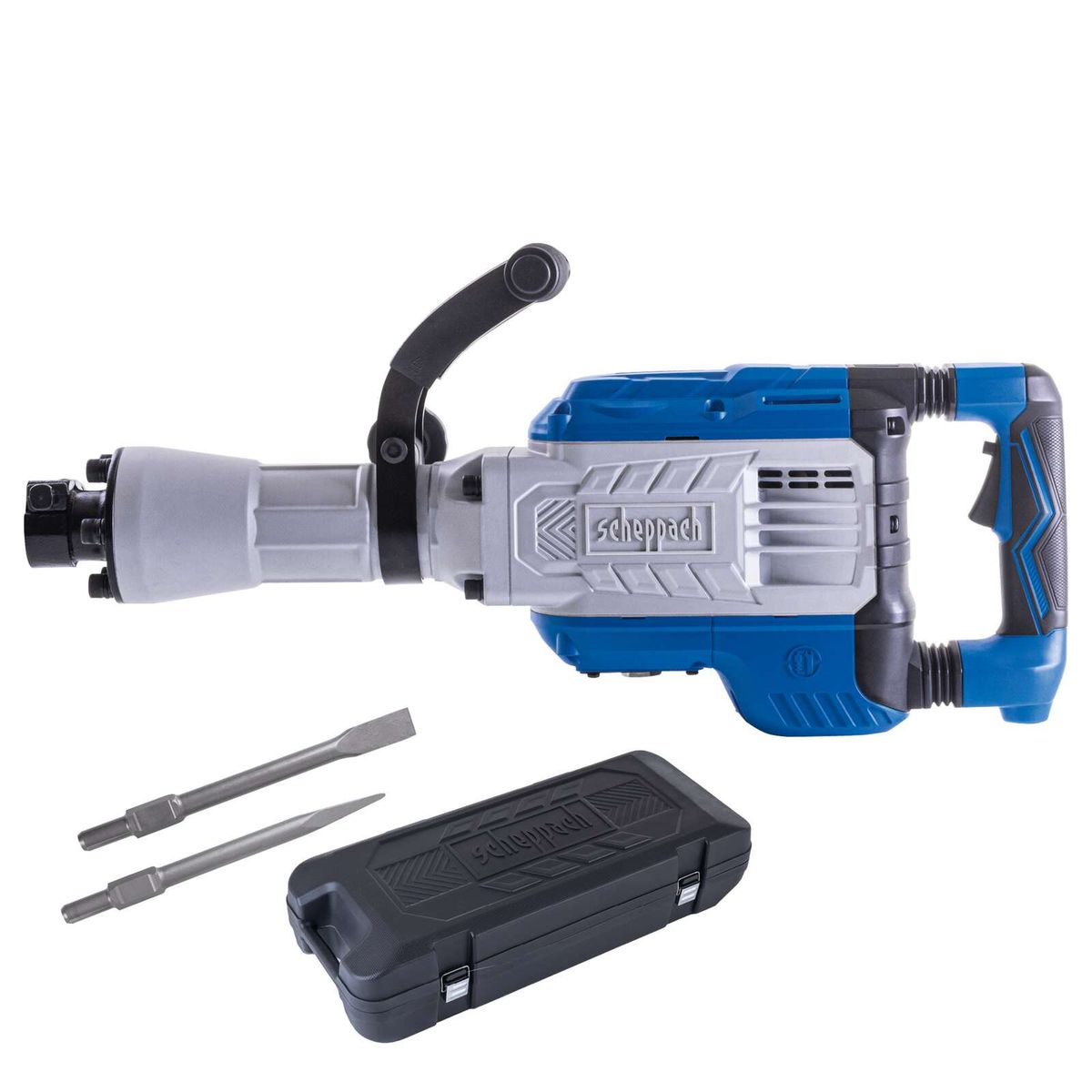 Scheppach-Abruchhammer mit integriertem Werkzeugset und Halterung für Bohrer und Spitzen