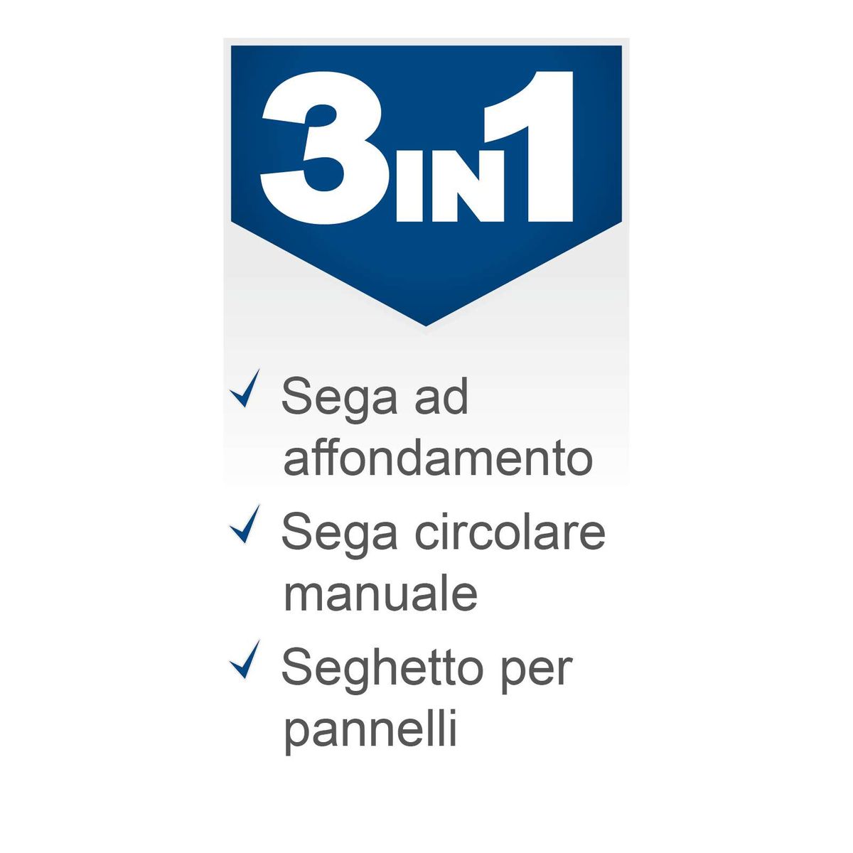 Das Produkt verfügt über folgende Merkmale: Sega ad affondamento, Sega circolare manuale, Seghetto per pannelli.