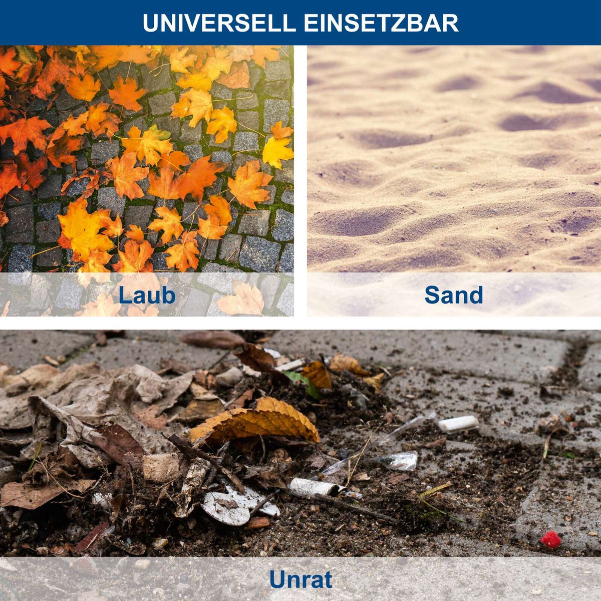 Bild zeigt verschiedene Oberflächen für Akku-Laubbläser: Laub, Sand und ungeräuchertes Material