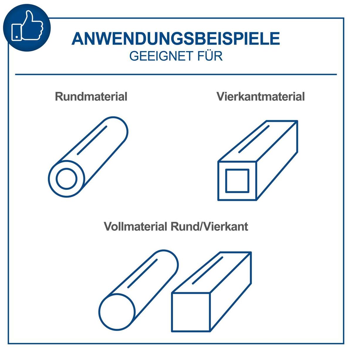 Illustration mit Anwendungsbeispielen für Rund- und Vierkantmaterial bei Scheppach-Metall-Trennschneider