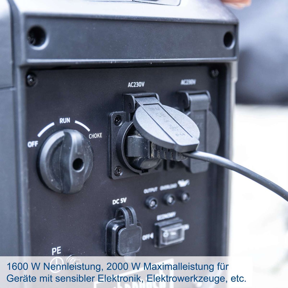 Inverter-Stromerzeuger mit 1600 W Nennleistung und 2000 W Maximalleistung für empfindliche Elektronik und Elektrowerkzeuge