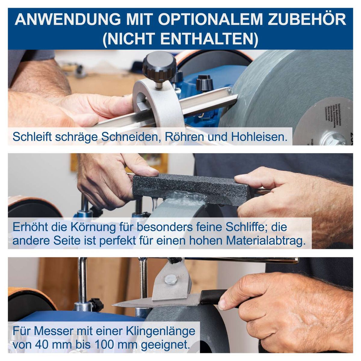 Wasserbearbeitungssystem mit optionalem Zusatz für präzise Schleifarbeiten, inkl. Schleifen von schrägen Kanten, Röhren und Hohleisen sowie feiner Körnung für hochwertige Oberflächen.