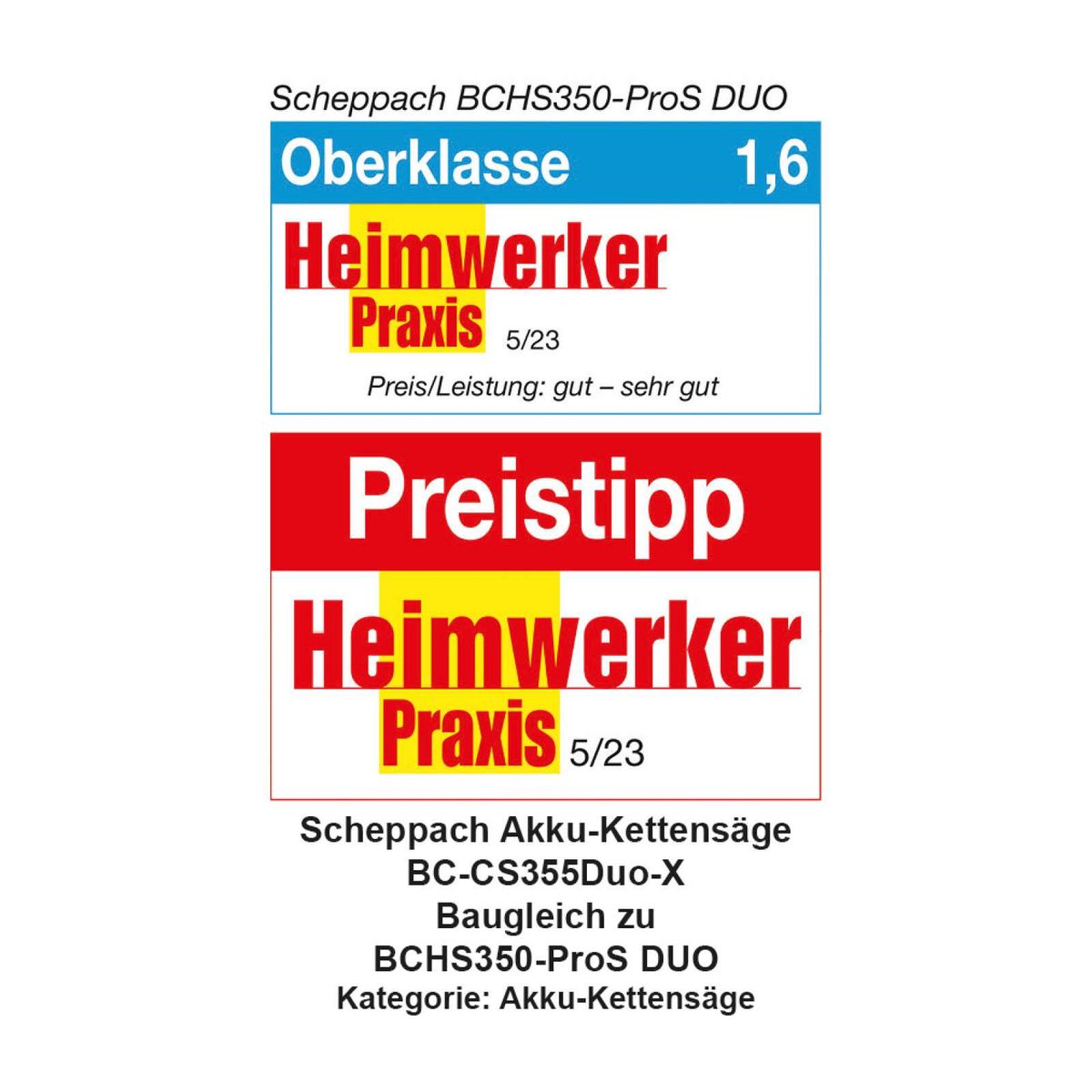 Scheppach Akku-Kettensäge BC-CS355Duo-X mit Bewertung als Oberklasse und Preis-Leistungs-Analyse durch Heimwerkerpraxis (5/23)