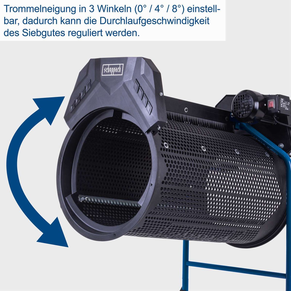 Das Rollsieb RS500 von Scheppach ermöglicht die Einstellung der Trommelneigung in drei Winkeln (0° / 4° / 8°), wodurch die Durchlaufgeschwindigkeit des Siebgutes reguliert werden kann. Die Trommel ist neigbar und verfügt über eine Fahrvorrichtung.