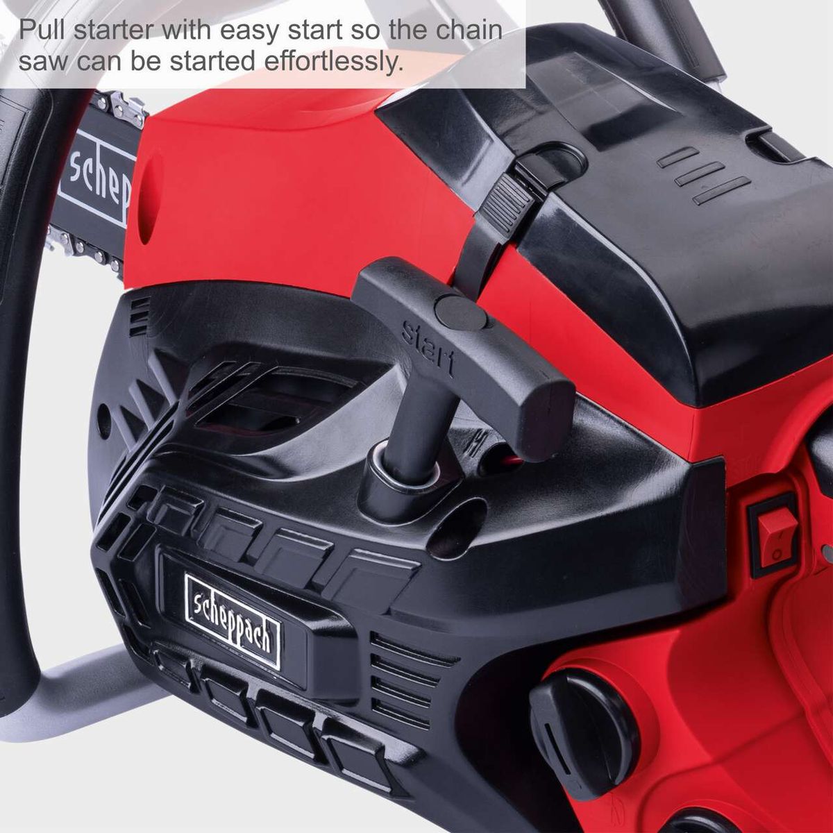 The petrol chainsaw PCS38 by Scheppach features an easy start mechanism for effortless starting.