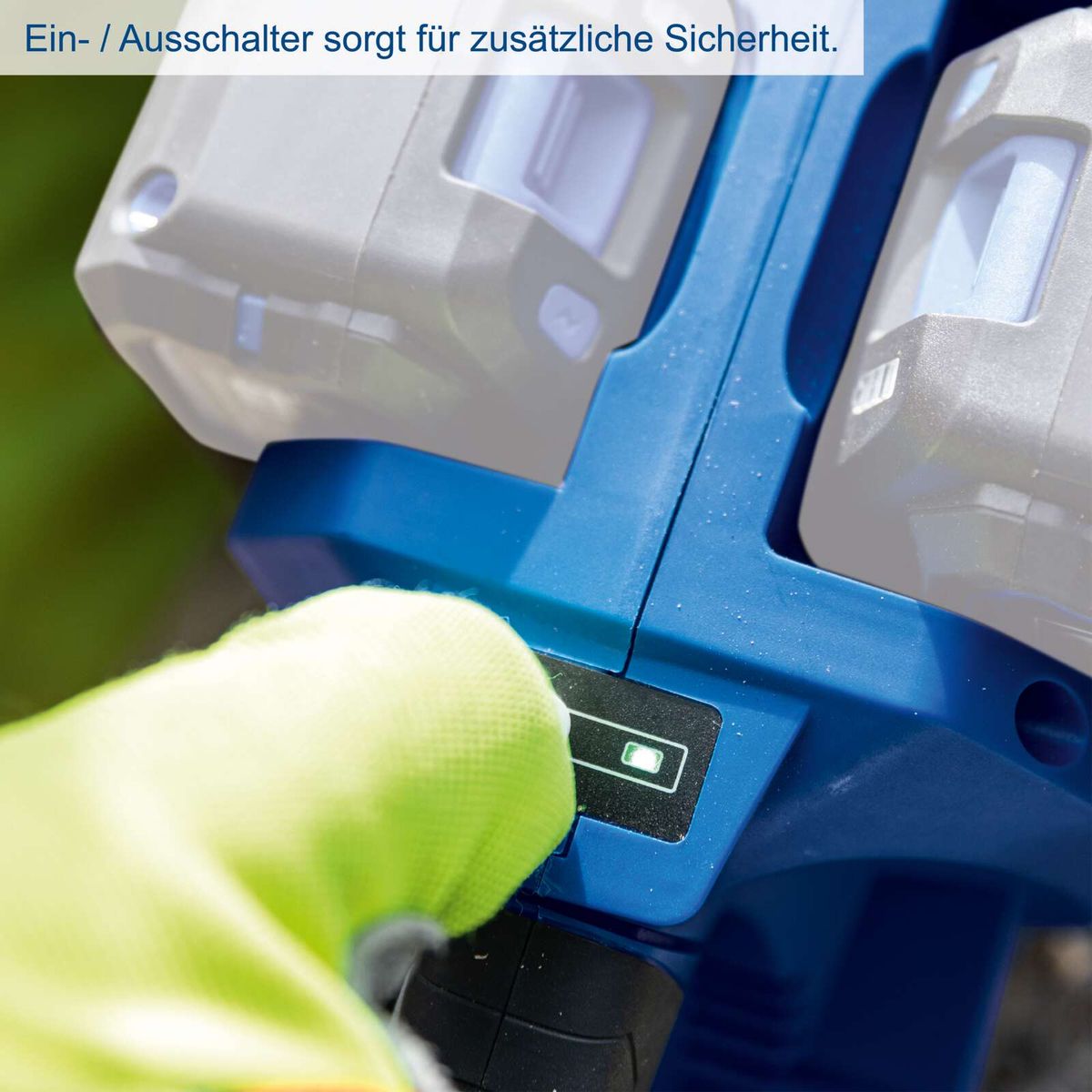 On-/Aus-Schalter apellido für zusätzliche Sicherheit auf Akku-Kettensäge