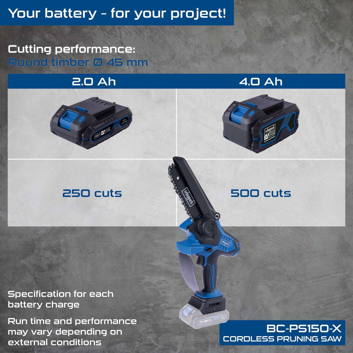 Scheppach cordless pruning saw BC-PS150-X comparing 250 vs. 500 cuts, 2Ah battery performance comparison