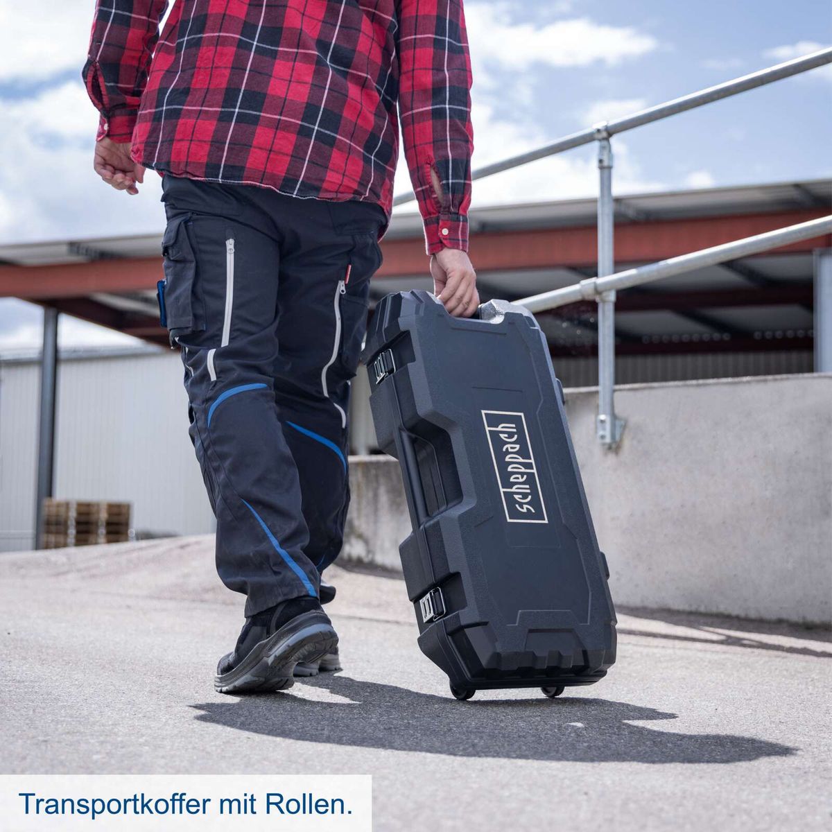 Rollenkoffer für Abbruchhammer AB2000 von Scheppach mit Transportrollen für einfachen Transport.