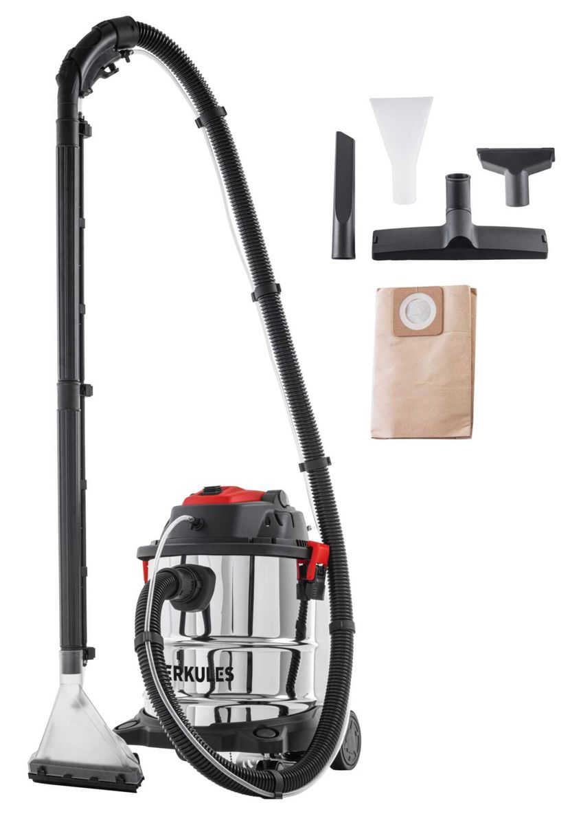 Sprüh- und Waschsauger N-SV20 Herkules (Bauhaus) mit Zubehör. Der Sauger ist von vorne gezeigt.