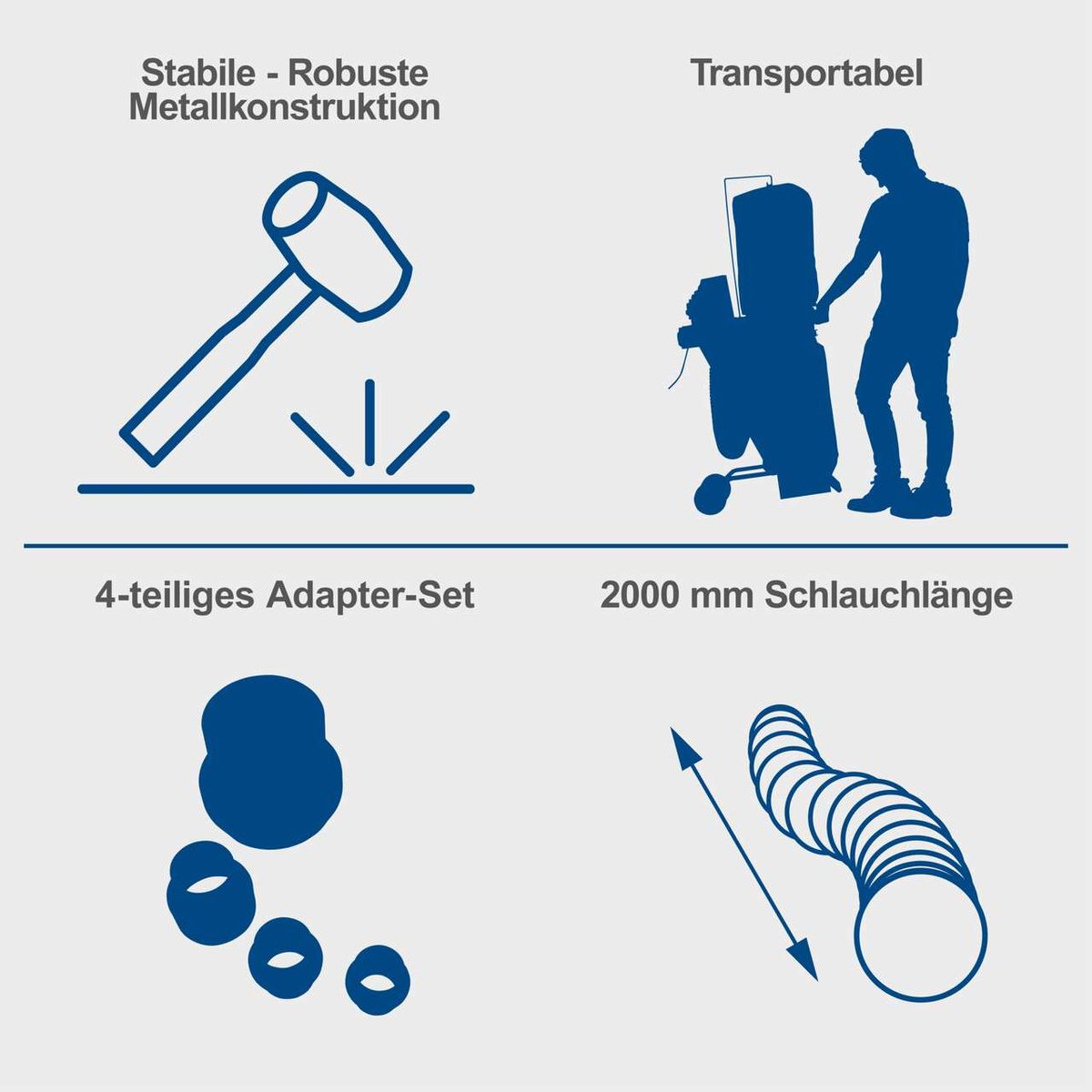 Die Absauganlage DC500 von Scheppach verfügt über eine stabile und robuste Metallkonstruktion, ist transportabel, enthält ein 4-teiliges Adapter-Set und hat eine Schlauchlänge von 2000 mm.
