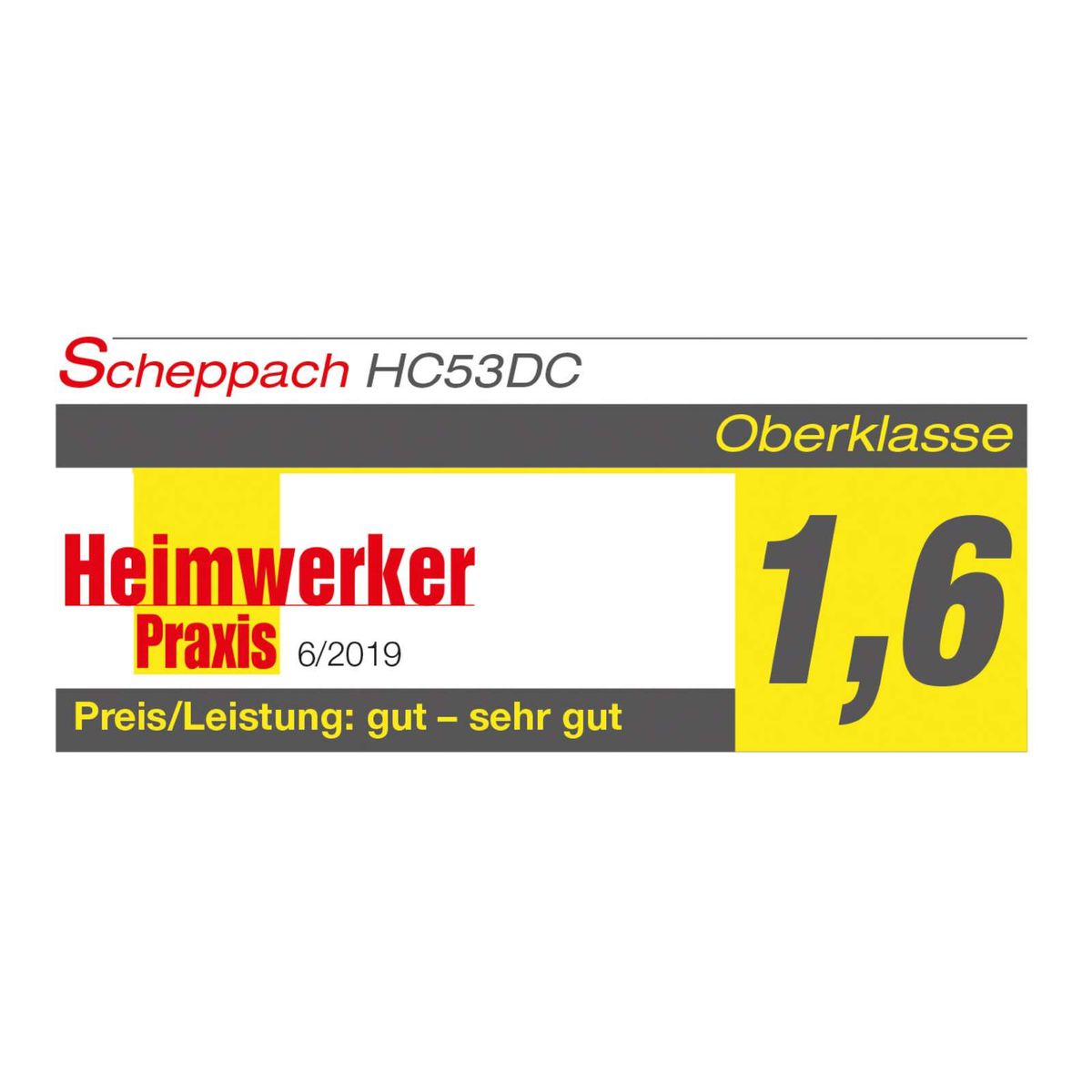 Werbebanner für Scheppach-Kompressor HC53DC mit Preis-Leistungs-Bewertung als 'gut – sehr gut' und Heimanwendungs-Nummer 16/6 aus Juni 2019