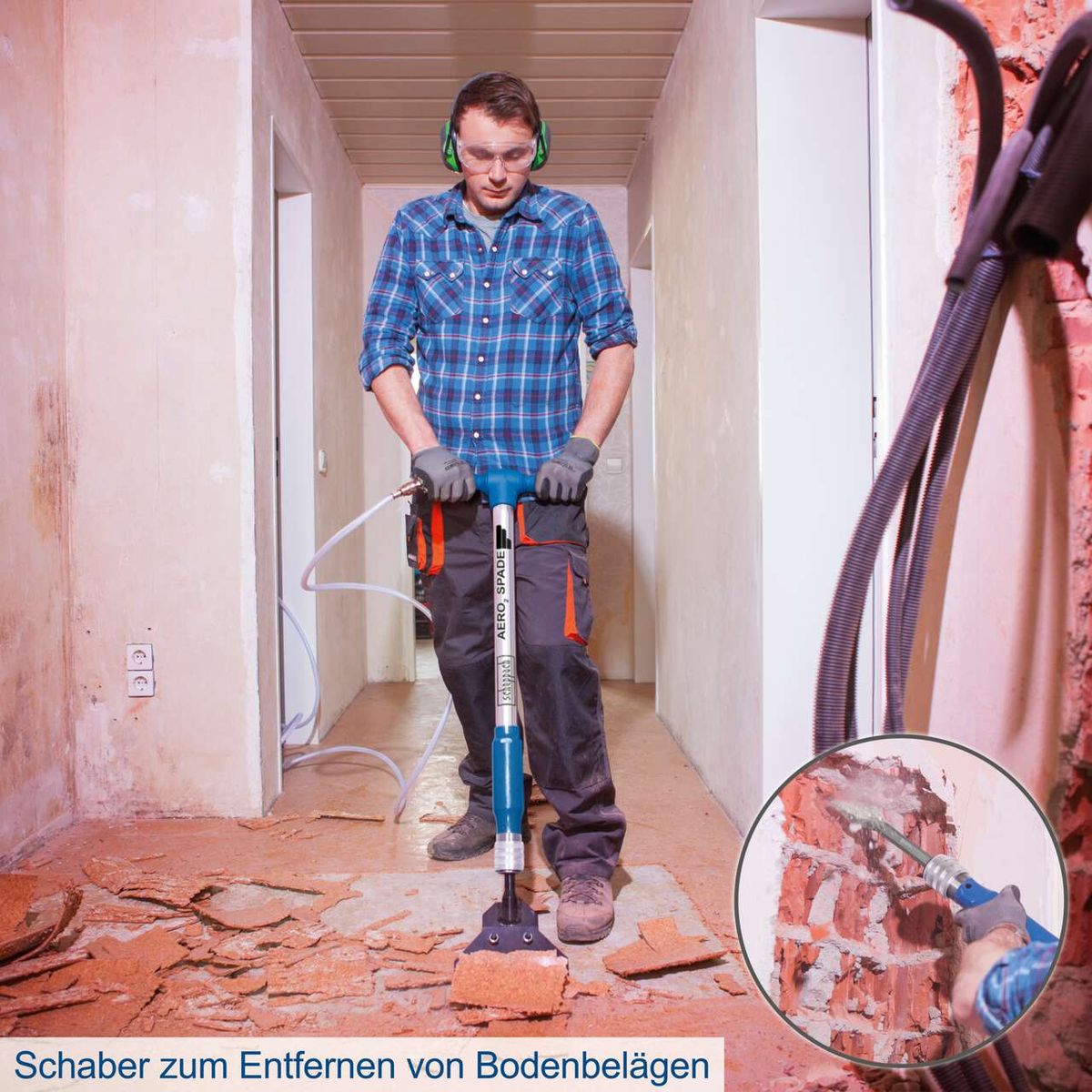 Der Scheppach Druckluftspaten Aero² Spade eignet sich zum Entfernen von Bodenbelägen. Er verfügt über einen robusten Schaber, der effektiv verschiedene Beläge abträgt. Ideal für Renovierungsarbeiten und Bodenarbeiten.
