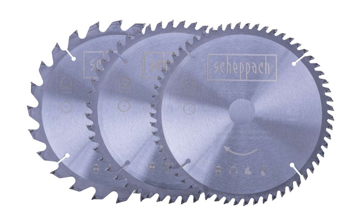 Scheppach HW Kreissägeblatt-Set (3-teilig) Ø 210 x 30 x 2,2 x 1,6 / 24 / 48 / 60 Z. Drei Kreissägeblätter mit gezackten Rändern und Markenlogo. Ansicht von oben.