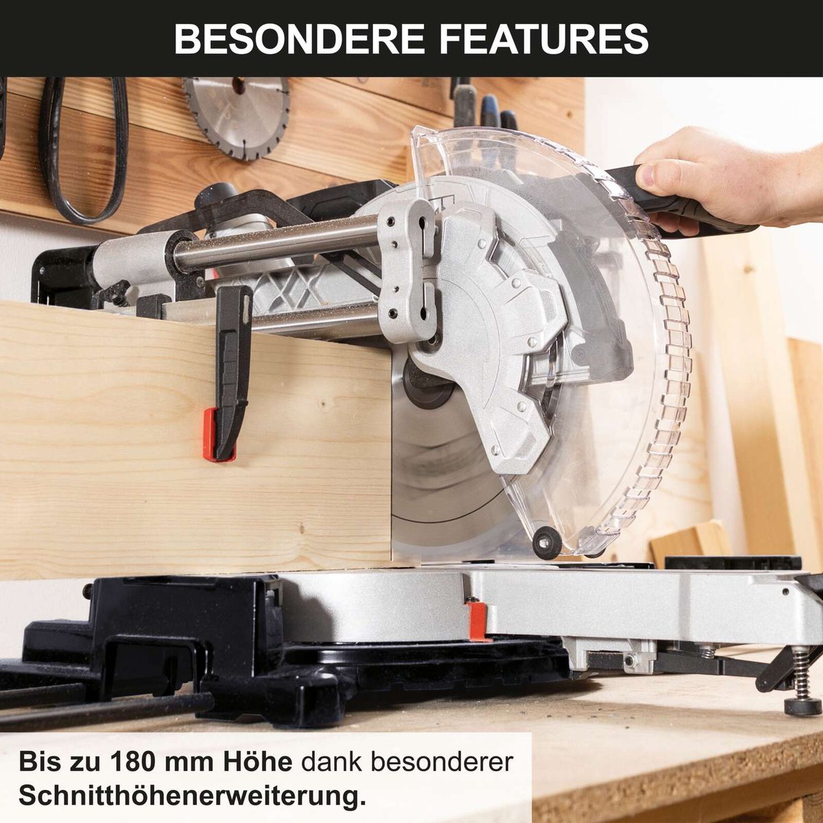 Besondere Merkmale der Kapp-Zugsäge KZGS310PS-BE: Bis zu 180 mm Schnitthöhe dank besonderer Schnitthöhenerweiterung.