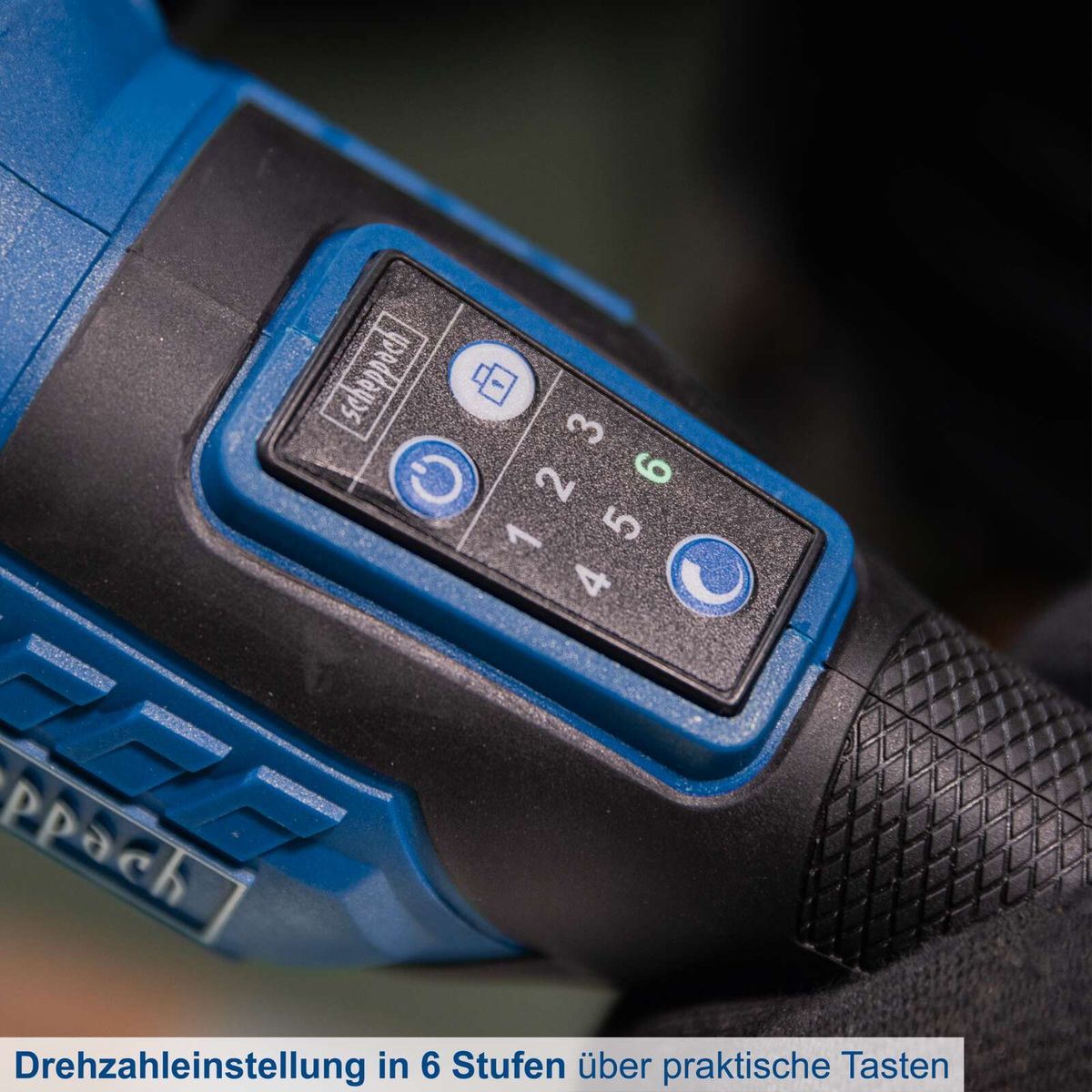Der Akku-Winkelschleifer BC-AG125-X von Scheppach bietet eine Drehzahleinstellung in 6 Stufen über praktische Tasten. Die Drehzahl kann zwischen 3000 und 10000 min-1 eingestellt werden.
