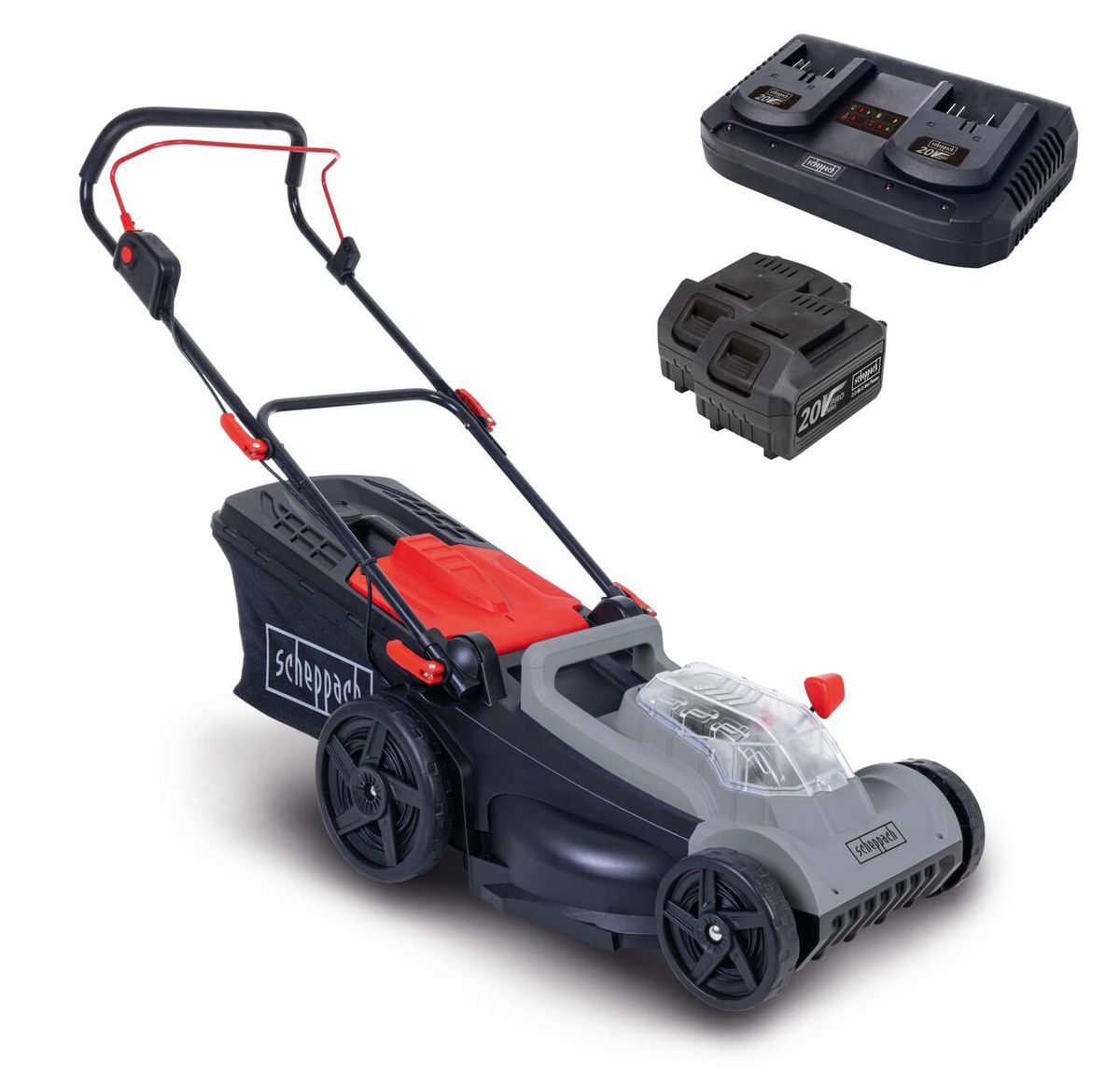 Akku-Rasenmäher BPM43-20 von Scheppach mit zwei Akkus und Ladegerät. Der Rasenmäher ist von der Seite zu sehen.