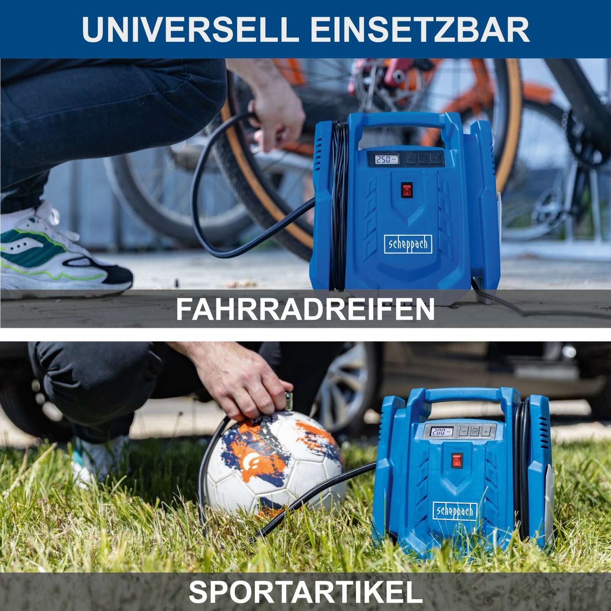 Mobiler Kompressor mit integriertem Fahrrad- und Sportartikelfüller, inklusive Adapter für verschiedene Anwendungen.