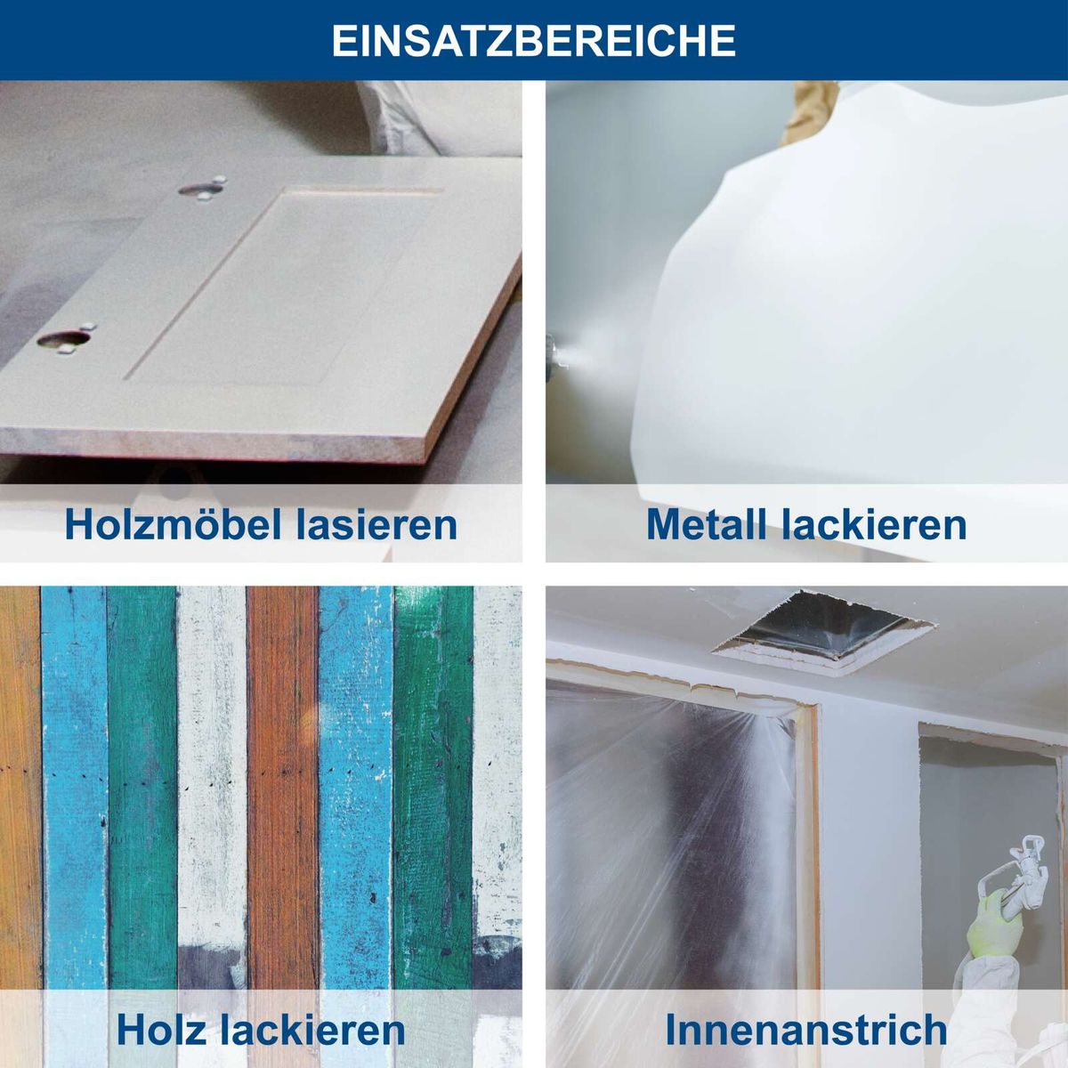 Werkzeuge für verschiedene Lackier- und Beschichtungsarbeiten: Holzmöbel, Metall, Holzlackierung und Innenanstrich