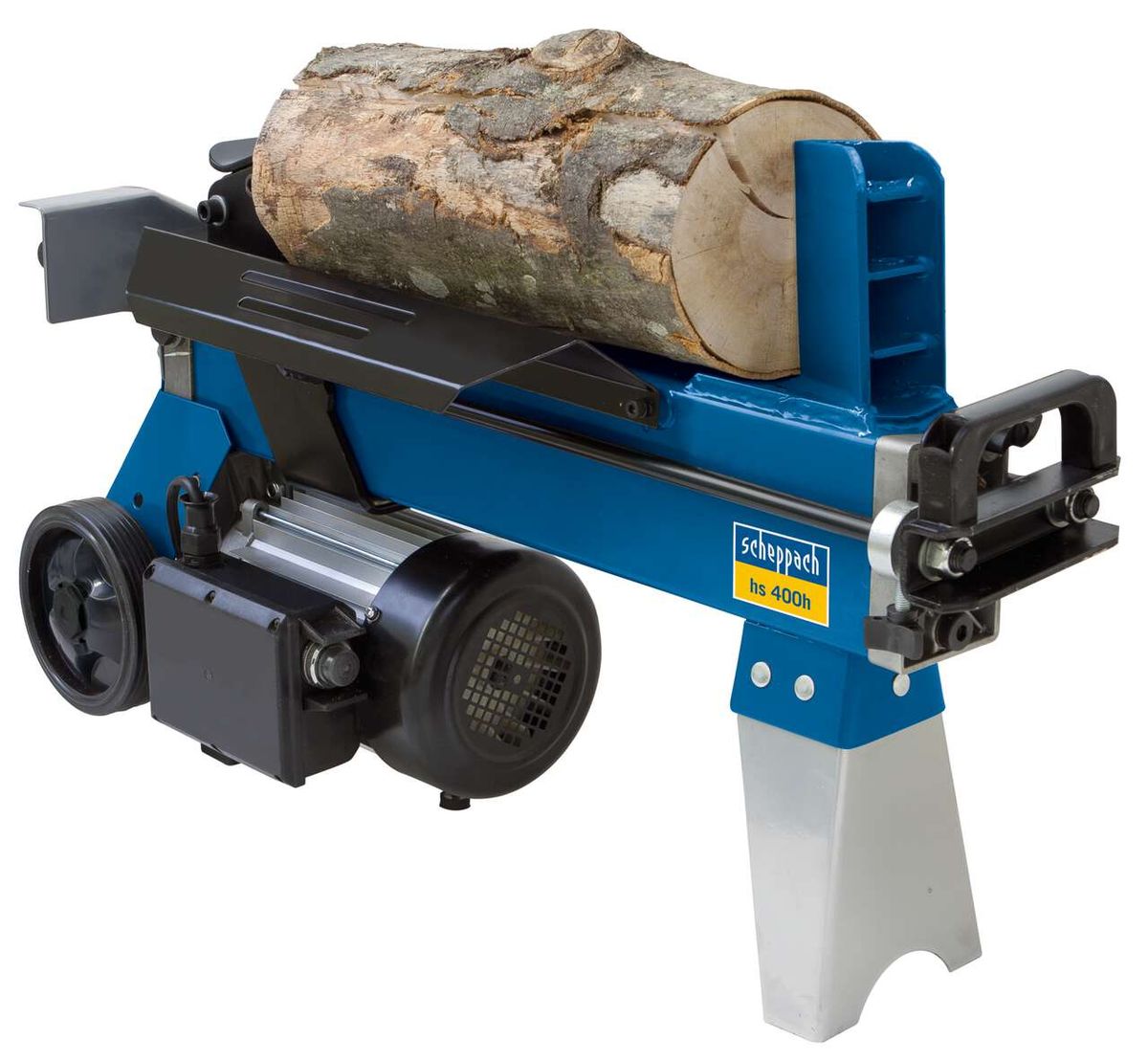 Holzspalter liegend hs 400h scheppach classic - 230V 50Hz 1500W, seitliche Ansicht mit Holzblock.