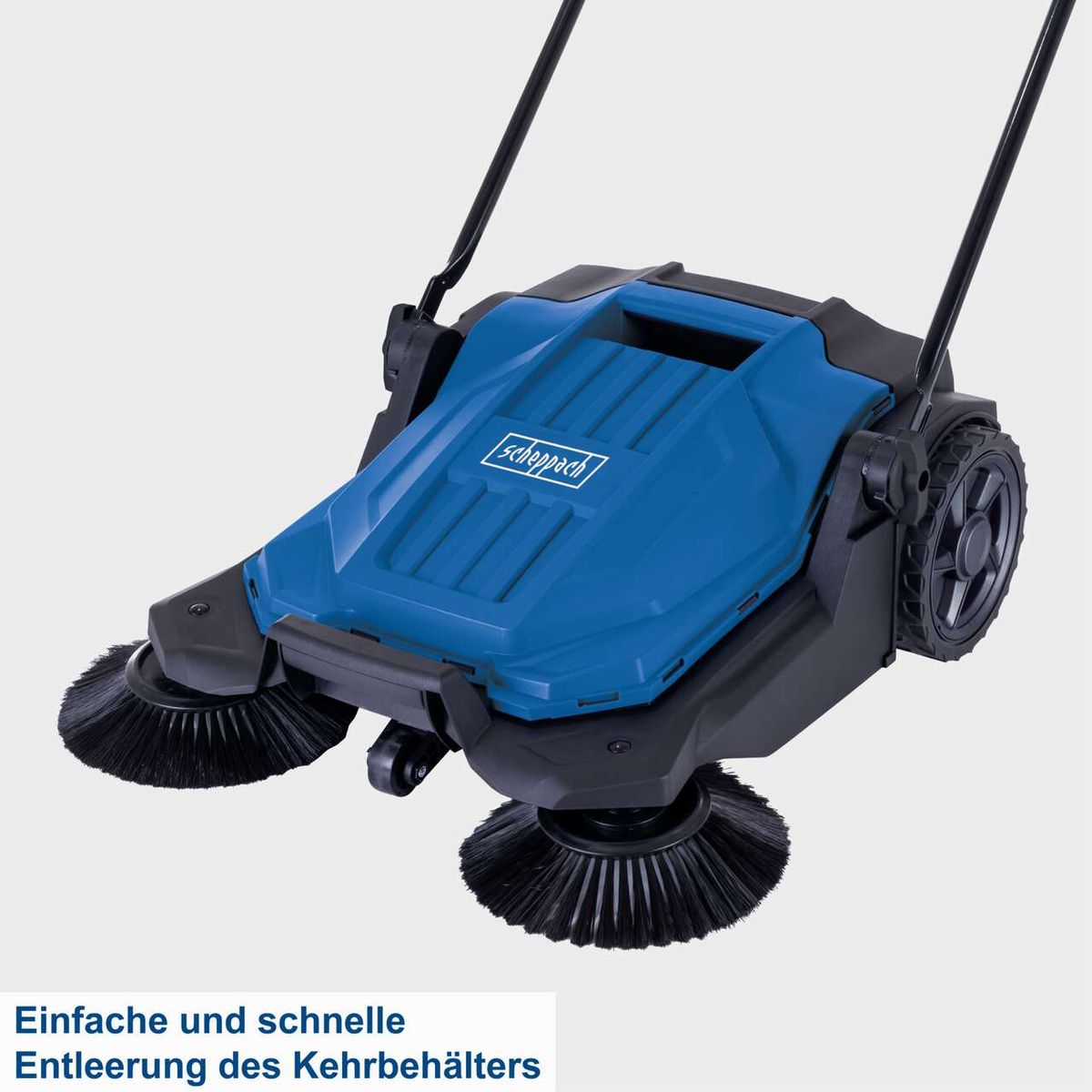 Die Kehrmaschine S800 von Scheppach bietet eine einfache und schnelle Entleerung des Kehrbehälters. Ideal für effizientes Kehren.