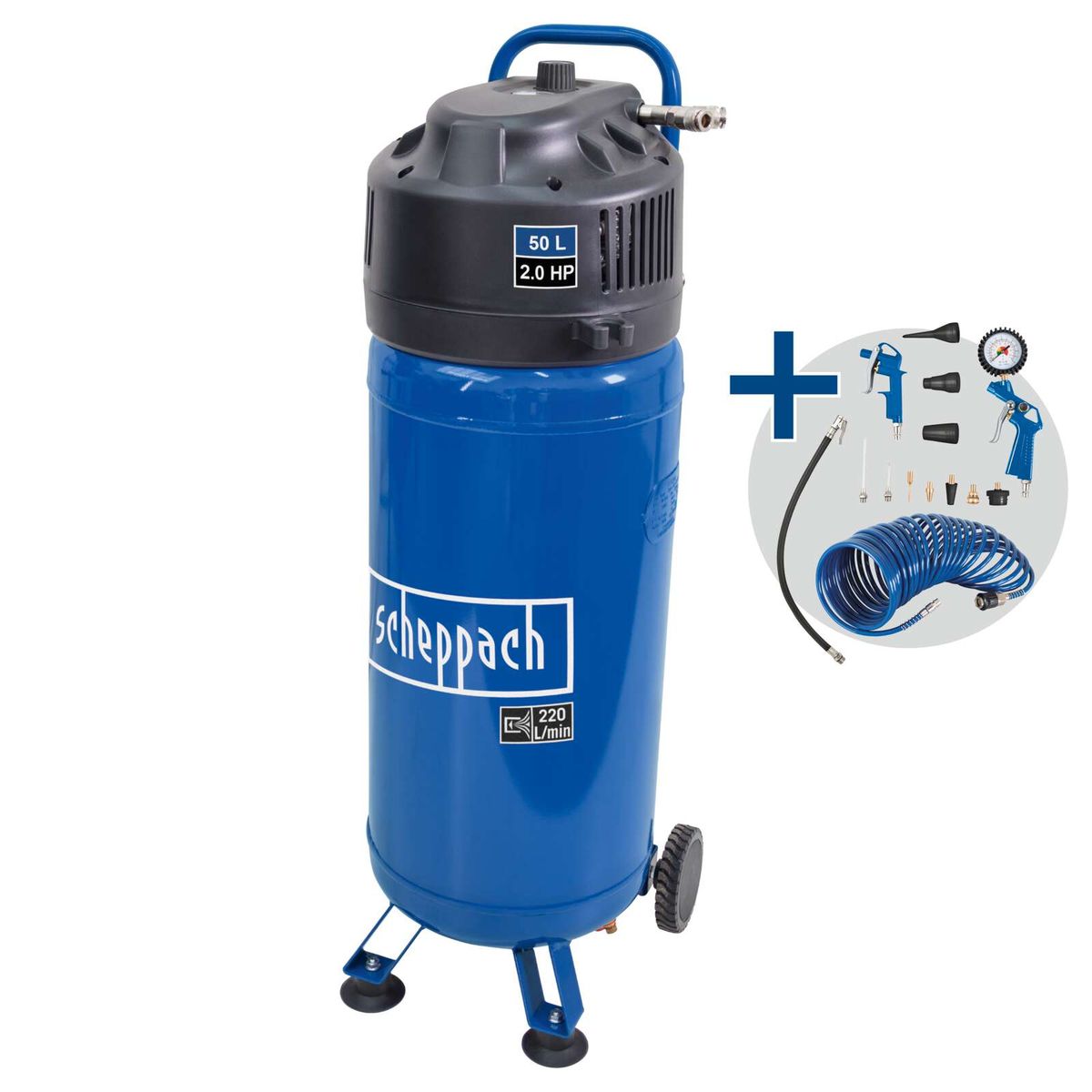 Standkompressor mit 50-Liter-Kessel, 1500 Watt, inkl. Zubehörset und 10 Meter Schlauch