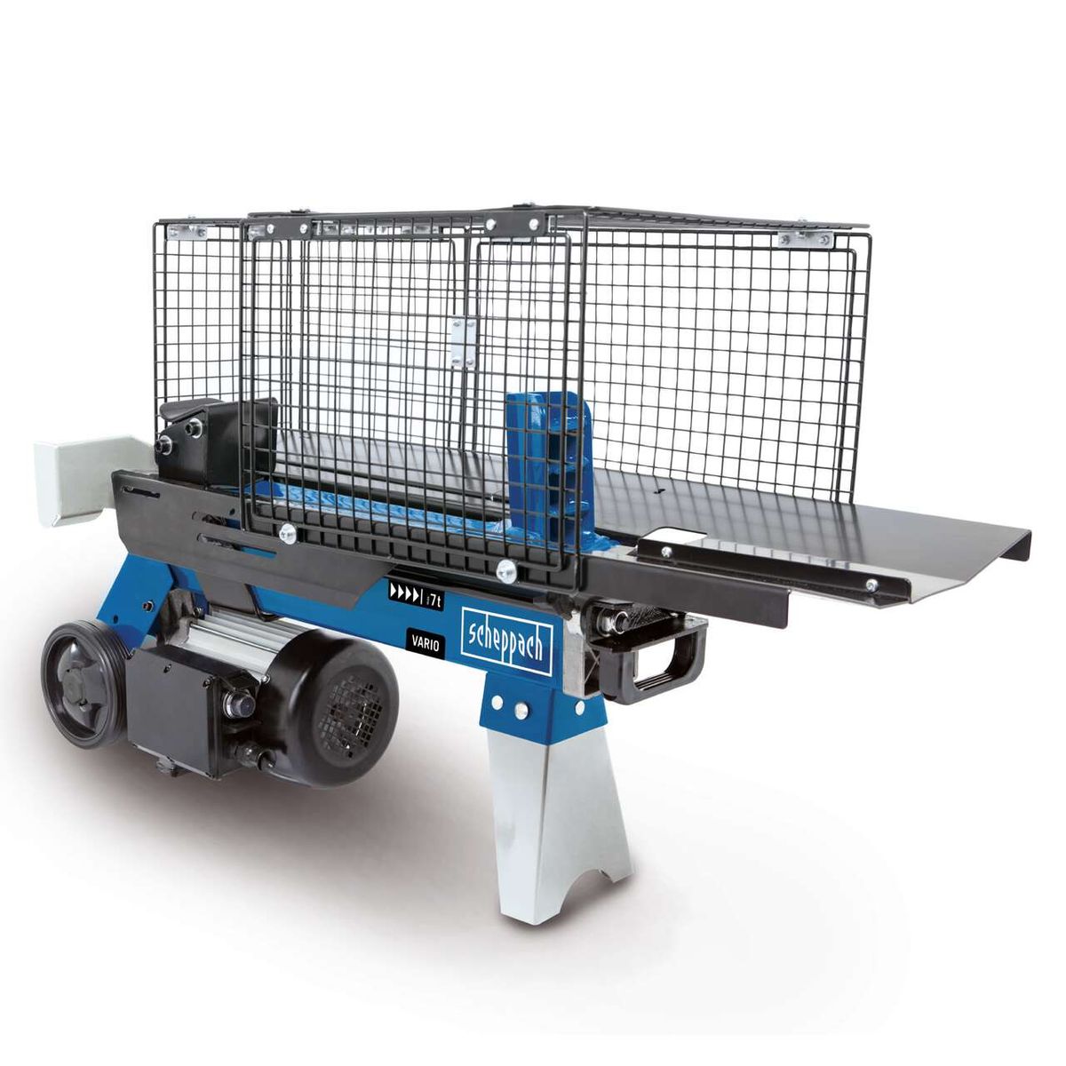 Der Holzspalter HL760L von Scheppach hat eine Spaltkraft von 7 Tonnen, eine Leistung von 2200 Watt und kann Holzlängen bis zu 520 mm sowie Durchmesser bis 250 mm verarbeiten. Der Gitterkäfig schützt vor herumspritzenden Holzsplittern.